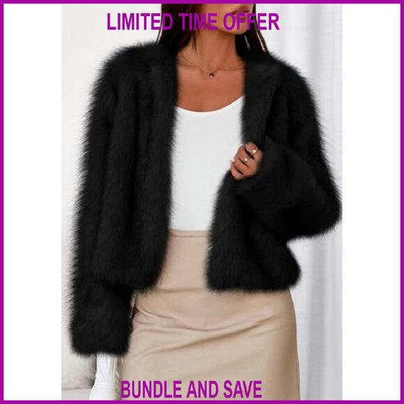 Cropped Faux Fur Jacket Open Front Fluffy Winter Coat Women's Outerwear - Picture 4 of 8